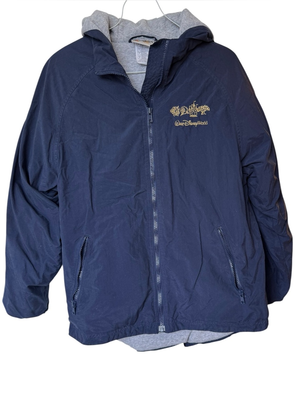 Vintage Walt Disney World 4 Parks Logo Gold Embroidered Navy Zip Jacket Hood S